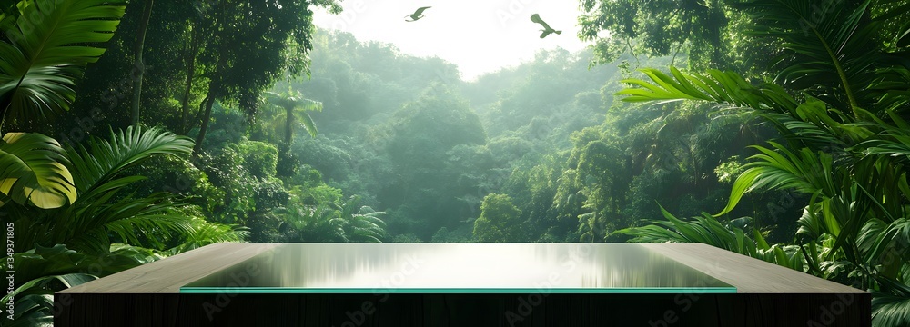 A glass podium floating on the right above a lush rainforest canopy, with exotic birds soaring in the distance.
