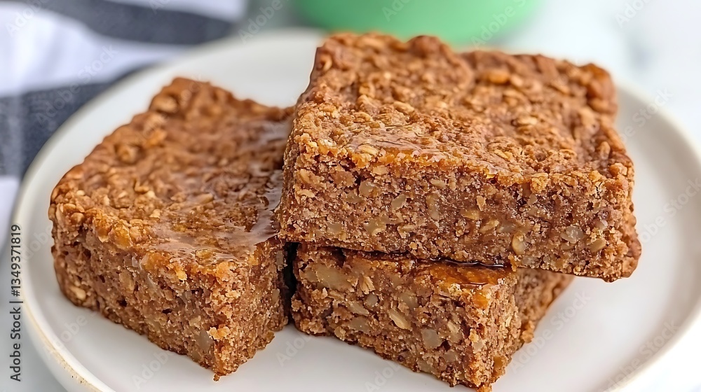 Delicious baked square desserts are stacked on a white plate Delicious baked square desserts are stacked on a white plate