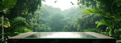 Obraz na płótnie A glass podium floating on the right above a lush rainforest canopy, with exotic birds soaring in the distance. w salonie