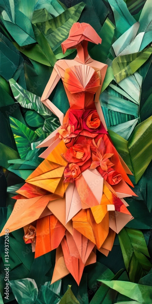 Elegant origami fashion concept blending nature and design in vibrant colors Elegant origami fashion concept blending nature and design in vibrant colors