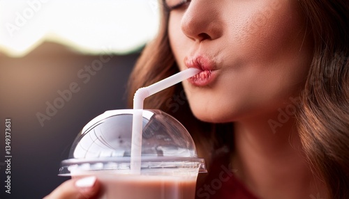 Close-up view of a woman enjoying drinking in a smoothie using straw, focus on the straw and lips