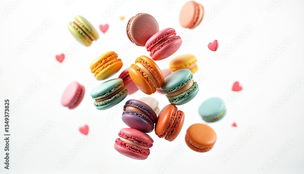 Colorful macarons floating in air isolated on white. French dessert sweet cakes. Food collage of various macarons with pink heart-shaped decoration. Sweet pastry treats. Colorful macarons floating in air isolated on white. French dessert sweet cakes. Food collage of various macarons with pink heart-shaped decoration. Sweet pastry treats.