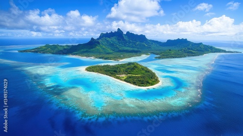 Aerial View of Lush Tropical Island with Turquoise Water and Coral Reef