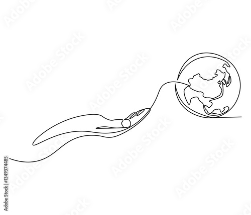Continuous one line drawing of hand holding Earth. Single line drawing illustration of hand with Earth globe. Green energy concept vector art. Doodle line illustration.