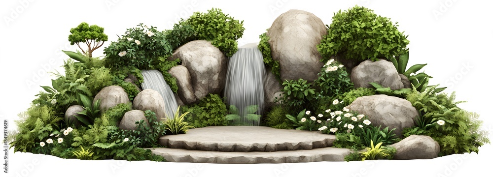 A podium sculpted from ancient rock, positioned on the right, covered in cascading waterfalls and surrounded by vibrant greenery.