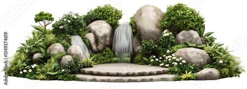 Obraz na płótnie A podium sculpted from ancient rock, positioned on the right, covered in cascading waterfalls and surrounded by vibrant greenery. w salonie