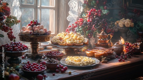 Sunlit rustic table with autumnal treats pastries, fruit, and savory dishes