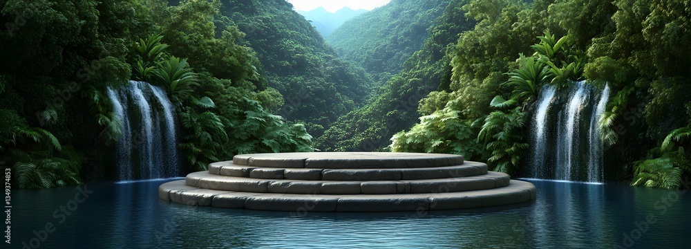 A podium sculpted from ancient rock, positioned on the right, covered in cascading waterfalls and surrounded by vibrant greenery.