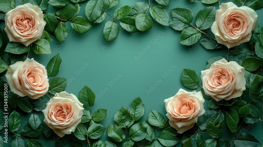 Soft Roses and Green Leaves Frame on Teal Background with Copy Space Soft Roses and Green Leaves Frame on Teal Background with Copy Space