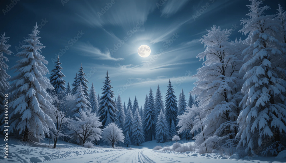 Serene winter night landscape illuminated by a bright full moon and snow-covered trees Serene winter night landscape illuminated by a bright full moon and snow-covered trees