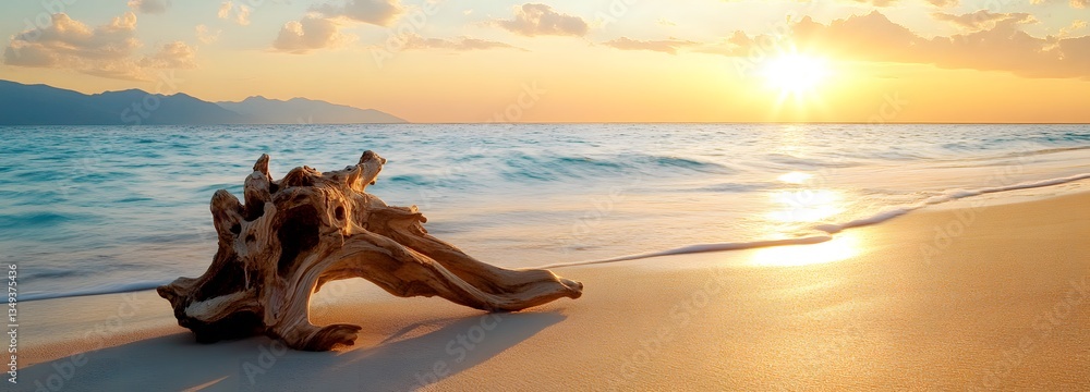A podium crafted from polished driftwood, resting on the right side of a serene beach with waves gently lapping the shore.