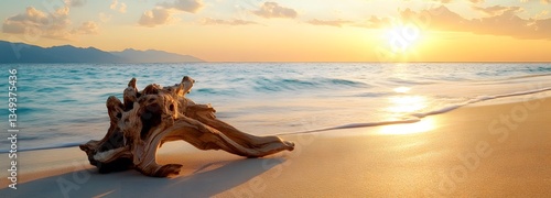 Obraz na płótnie A podium crafted from polished driftwood, resting on the right side of a serene beach with waves gently lapping the shore. w salonie