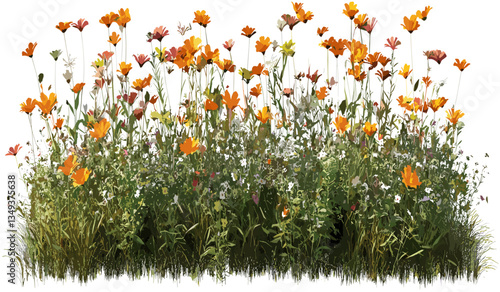 Meadow blooming flowers, dense row fields, nature vector cutout, vibrant summer, green fields, wildflower landscape, beautiful outdoor scene, agriculture background, spring meadow.