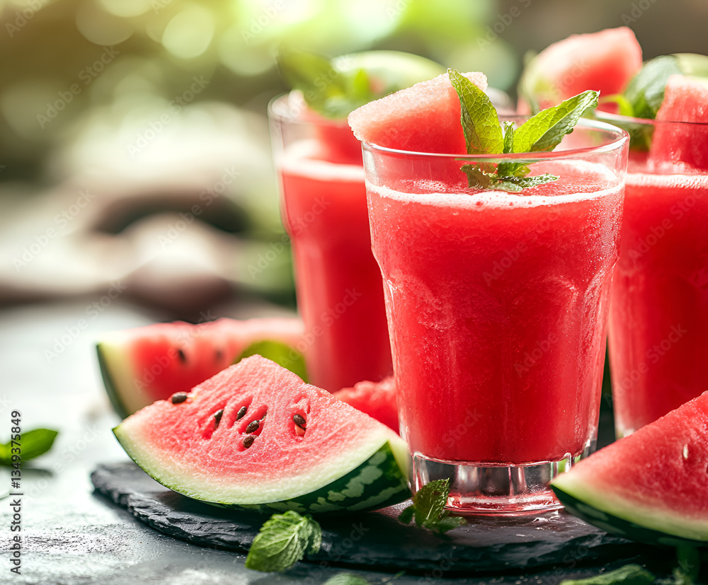 Freshly squeezed juice from a watermelon on a table in glasses. Preparation of a cocktail or a non-alcoholic drink. Healthy Eating and Fruitarianism Freshly squeezed juice from a watermelon on a table in glasses. Preparation of a cocktail or a non-alcoholic drink. Healthy Eating and Fruitarianism