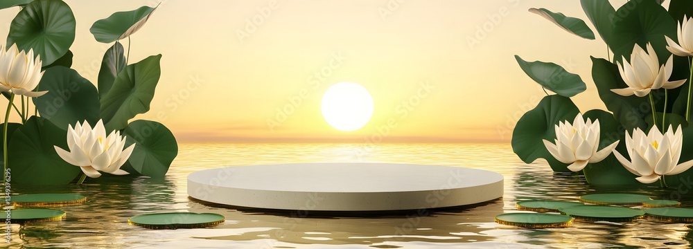 A podium designed from giant lily pads, floating on the right side of a still lake with golden reflections on the water.
