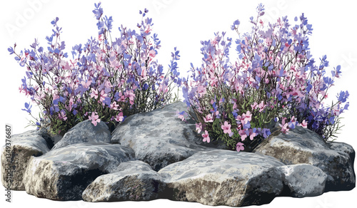 Vector flowers, blooming composition design, rocks background, cutout png, floral design, natural elements, spring flowers, rock textures, nature background