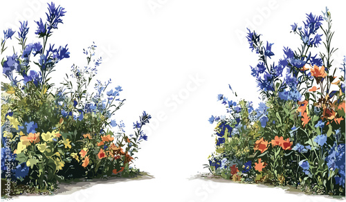 vector flowers, ornamental bushes, nature corridor cutout, botanical design, floral decoration, garden plants, nature landscape, flowers pattern, nature illustration