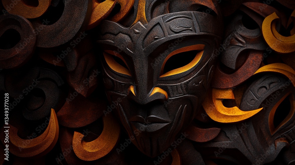 Naklejka premium Mystic ceremonial mask in dark textured stone relief with gold accent