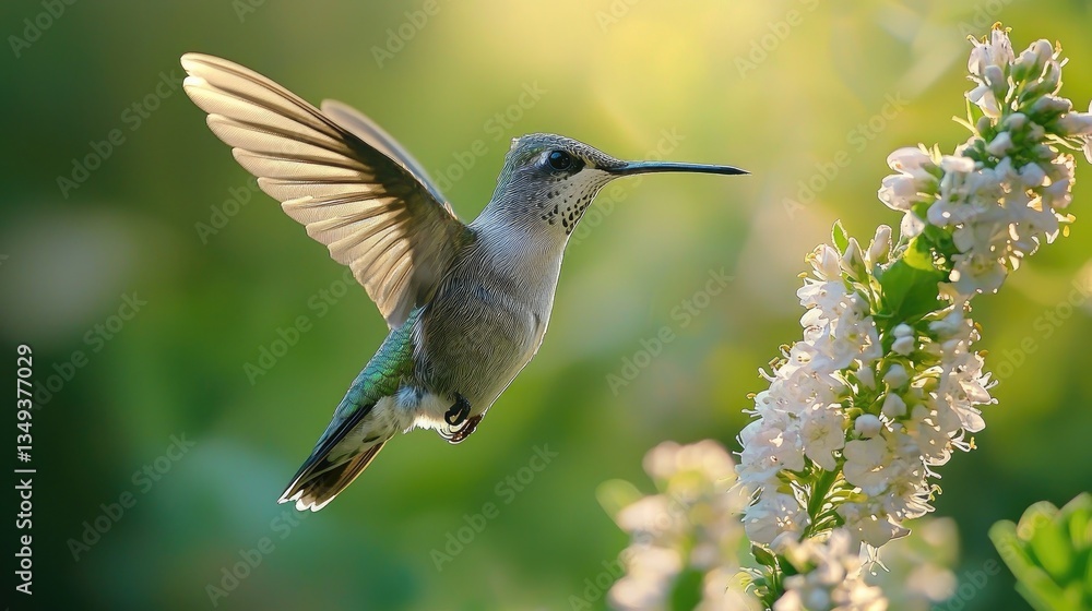 Naklejka premium Ultra-detailed macro shot of a hummingbird hovering near a delicate flower, with vibrant, natural colors. The bird's feathers shimmer in shades of emerald 