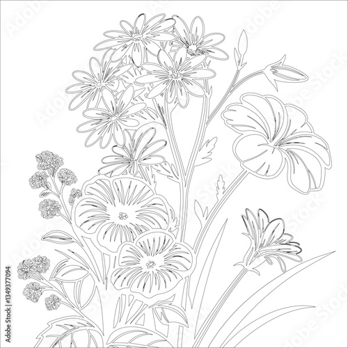 Wallpaper Mural Black and White Flowers Coloring Page with Line Art Illustration Torontodigital.ca