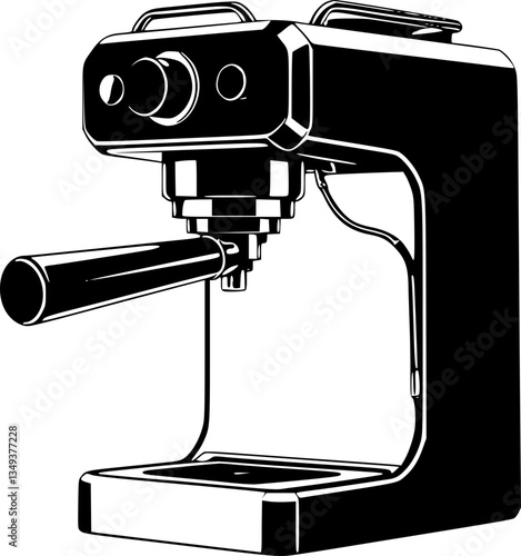 Monochrome black and white minimalist espresso machine with portafilter illustration for coffee brewing cafe barista restaurant kitchen decoration menu design