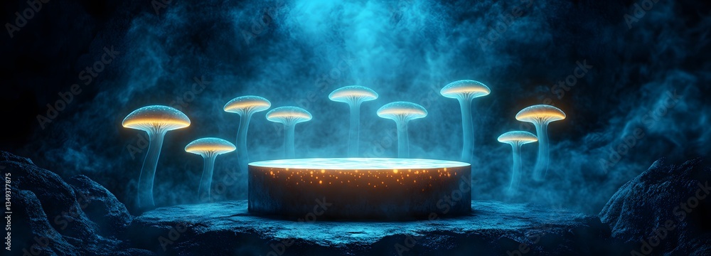 A podium made of glowing bioluminescent mushrooms, placed on the right in a dark enchanted forest with mist swirling around.