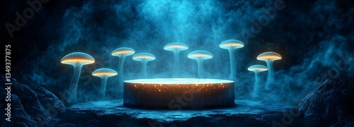 Obraz na płótnie A podium made of glowing bioluminescent mushrooms, placed on the right in a dark enchanted forest with mist swirling around. w salonie