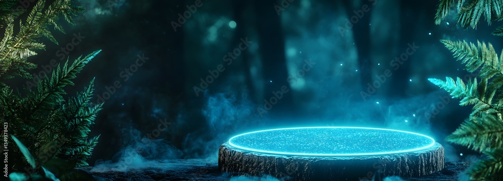 A podium made of glowing bioluminescent mushrooms, placed on the right in a dark enchanted forest with mist swirling around.