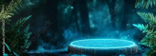 Obraz na płótnie A podium made of glowing bioluminescent mushrooms, placed on the right in a dark enchanted forest with mist swirling around. w salonie
