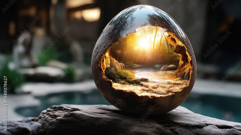 Nature's hidden sanctuary. A captivating carved shell, revealing a tranquil forest scene Nature's hidden sanctuary. A captivating carved shell, revealing a tranquil forest scene
