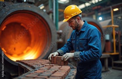 Male worker inspects refractory bricks of coil heater gas equipment. Boiler room, steel structure cleaning maintenance of industrial steam boilers. Safety, engineering, technology, industry.