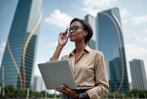 Confident Businesswoman with Laptop in Modern City