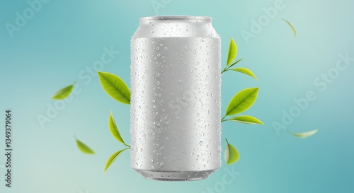 Refreshing silver drink can with water droplets and green leaves around