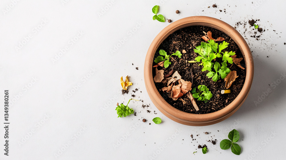 terracotta pot filled with soil and food scraps, including leaves and vegetable peels, illustrates concept of composting for waste reduction and sustainability terracotta pot filled with soil and food scraps, including leaves and vegetable peels, illustrates concept of composting for waste reduction and sustainability