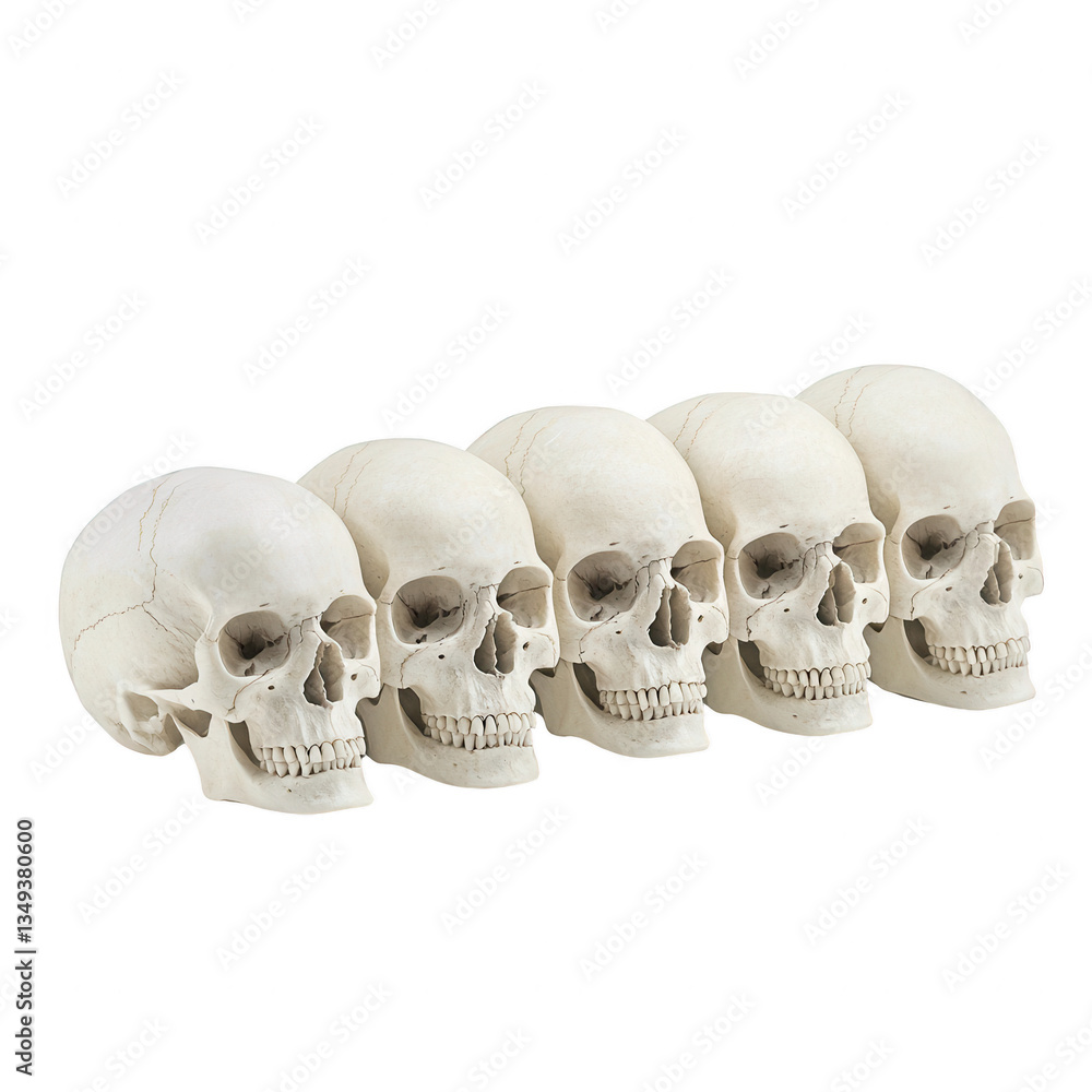 Obraz premium Five human skulls in a row on a white isolate background.