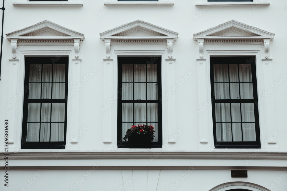 Fototapeta premium A historic building showcases intricate architectural details and a lovely window planter, all set against the backdrop of an overcast urban day