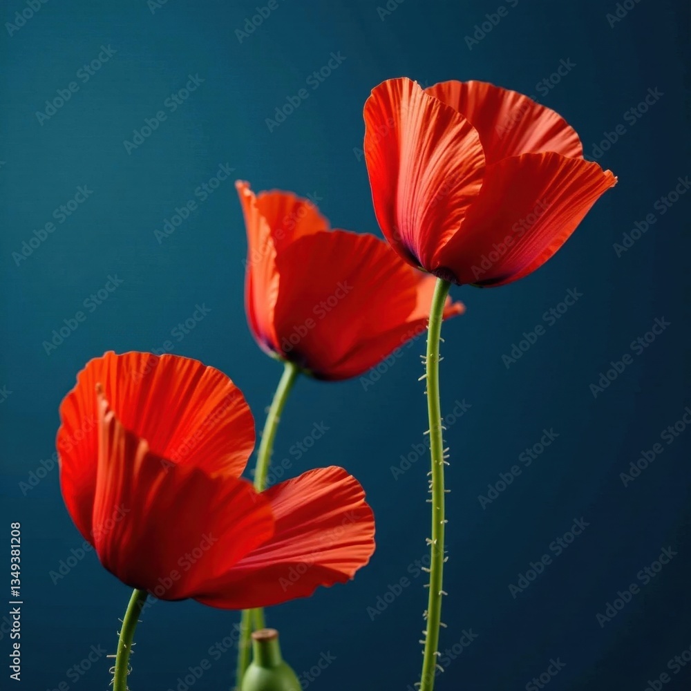 Obraz premium Bold red poppies burst against a deep blue backdrop A vibrant floral close-up , nature, macro, petals
