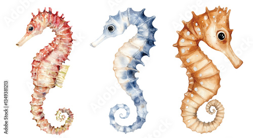 seahorse watercolor vector illustration, underwater ocean animal art isolated on white background