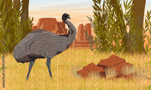 Australian emu walking on dry grass near red rocks. Realistic vector landscape