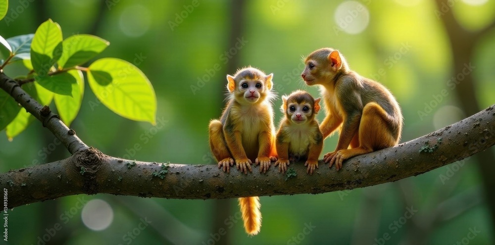 Obraz premium Trio of squirrel monkeys perched on a thick tree limb, Central American, group, wildlife