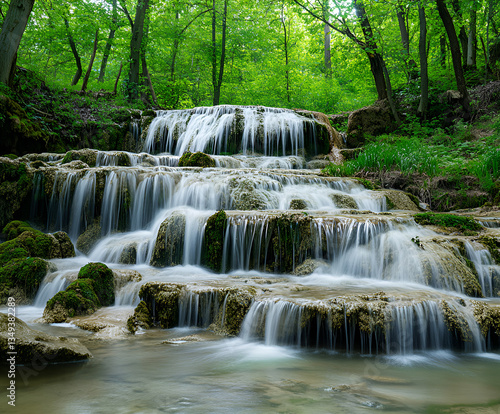 Cascade of waterfalls in the forest.