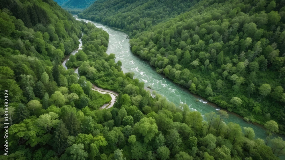 Aerial view of a lush green forest with a winding river cutting through it. Aerial view of a lush green forest with a winding river cutting through it.