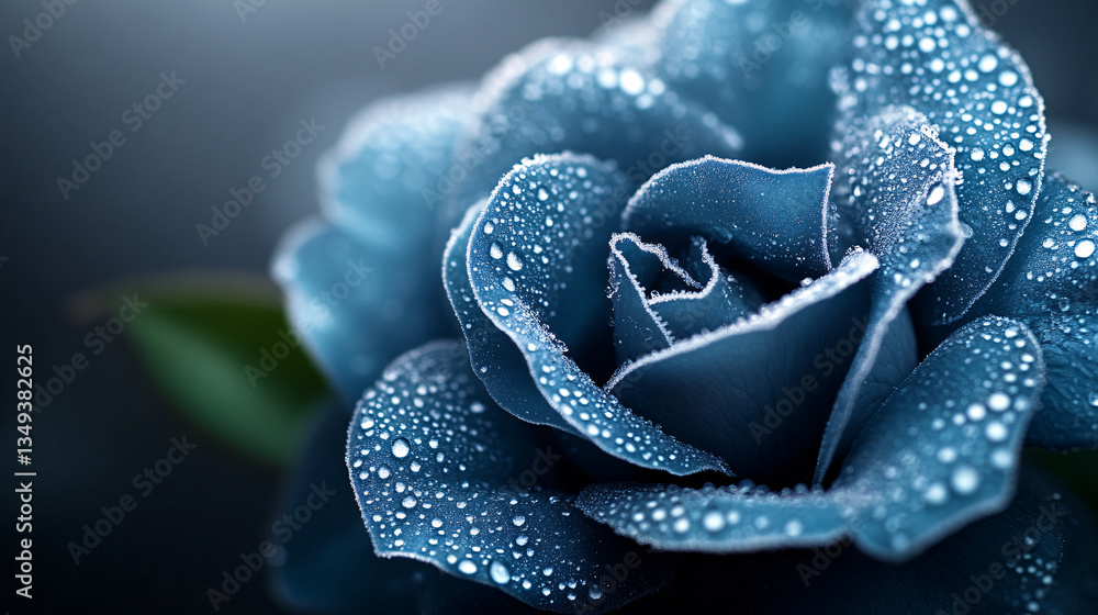 Fototapeta premium mesmerizing macro capture of frost covered petals showcases blue rose adorned with delicate water droplets, creating serene and enchanting atmosphere