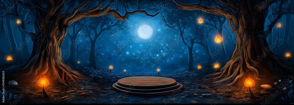 A massive tree-root podium on the right, set deep within an ancient enchanted forest with glowing mushrooms.