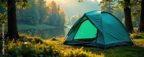 Stylish teal camping tent, ready for adventure , background, travel