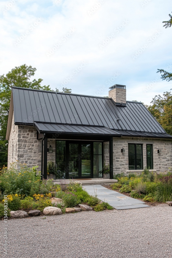Modern stone house with sleek black roof surrounded by lush landscaping captured during daylight in a serene rural setting Modern stone house with sleek black roof surrounded by lush landscaping captured during daylight in a serene rural setting