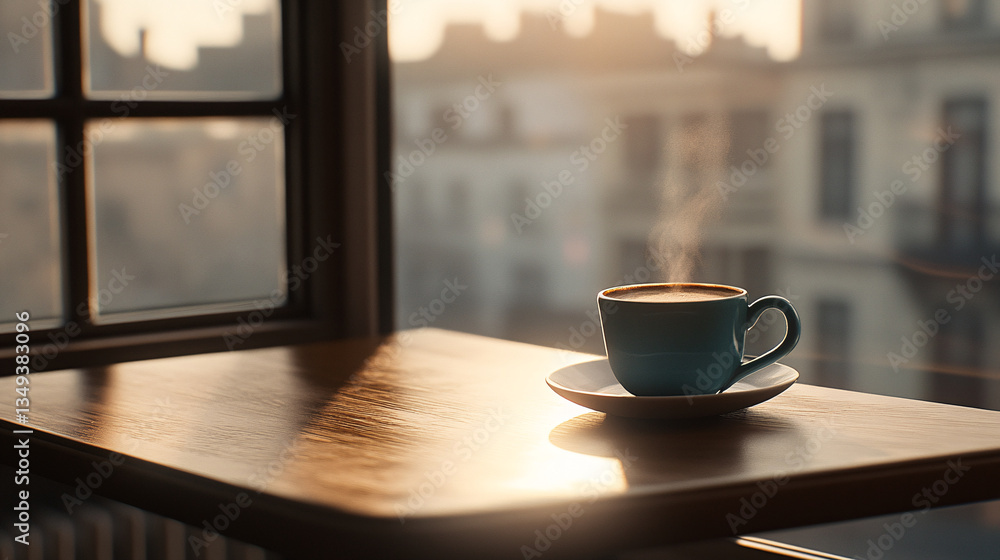 Fototapeta premium steaming cup of coffee sits on wooden table by window, bathed in warm, soft morning light. scene evokes sense of calm and nostalgia, with retro inspired ambiance