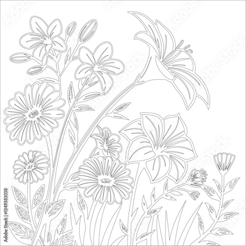 Black and White Flowers Coloring Page with Line Art Illustration