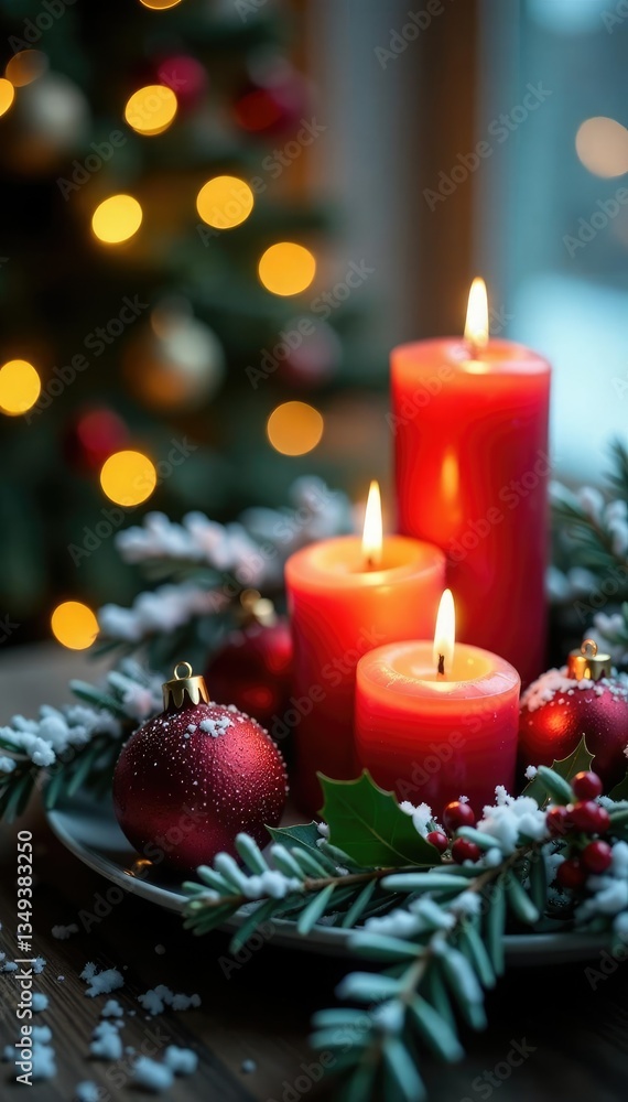 Candles and ornaments in a festive arrangement with bokeh lights and snow-covered branches, holly, snow covered branches Candles and ornaments in a festive arrangement with bokeh lights and snow-covered branches, holly, snow covered branches
