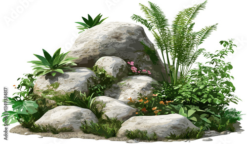 Vector gardening design, rock plants, tropics plants, cutout, garden decor, tropical landscaping, green plants, outdoor, natural elements, exotic plants, backyard design